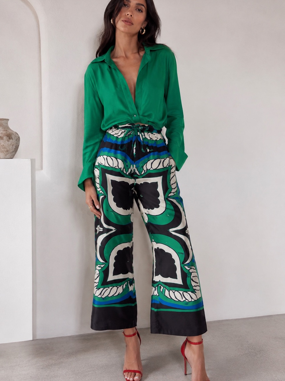 Zara Two piece Matching Green & Black Graphic Wide-Leg Pants